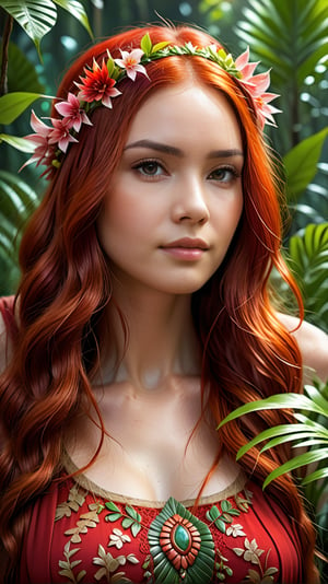 Portrait Of beautiful red haired bohemian queen wearing red colour lace surrounded by jungle Plants And Flowers art by Mike Mayhew and Mark brooks and Ross Tran 8K Resolution,Extremely Realistic