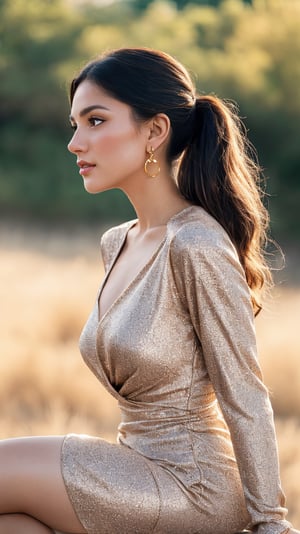 Close-up portrait of a refined woman standing in a rugged cowboy stance, amidst a sun-kissed open range landscape. She wears a knee-length floral dress with long sleeves, adding an air of sophistication. Her silvery hair is styled in a sleek ponytail, framing her striking profile and full lips. A pair of dangling earrings glimmer in the golden light, casting a warm glow on her porcelain skin. The camera captures her confident pose from a slight angle, emphasizing her strong features and contrasting textures.