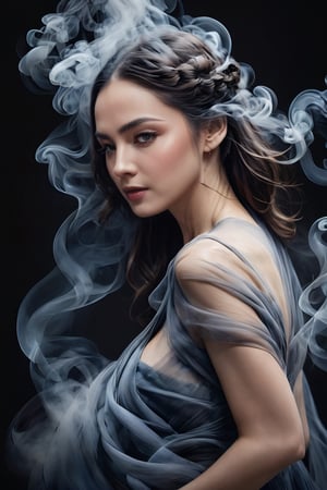 smoke sculpture portrait of a woman ( Lana Rhoades face) , in the style of flowing fabrics, delicate ink washes, dance, juliana nan, clear and crisp, mandy disher, movement and spontaneity captured
