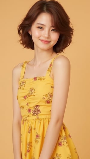 Adorable 23-year-old maiden, framed by a warm beige background, gazes straight into the lens with radiant smile. Short, curly brown locks bounce around her cherubic face, complemented by bright brown eyes shining like polished amber. Petite figure is swathed in a sunny yellow dress adorned with playful floral patterns,