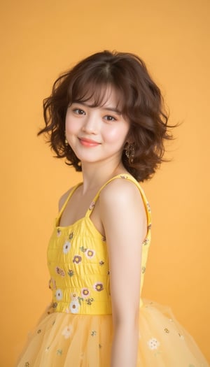 Adorable 23-year-old maiden, framed by a warm beige background, gazes straight into the lens with radiant smile. Short, curly brown locks bounce around her cherubic face, complemented by bright brown eyes shining like polished amber. Petite figure is swathed in a sunny yellow dress adorned with playful floral patterns,