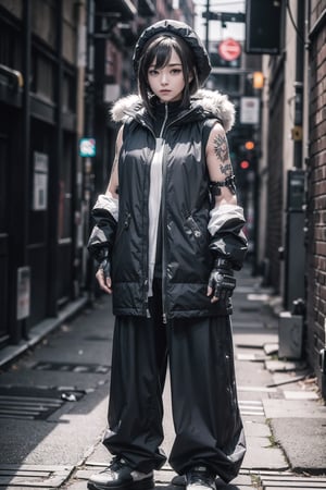 (masterpiece), best quality, high resolution, highly detailed, detailed background, 1girl, moderate cybernetic enhancements, aggressive hair, sleeveless full length plain puffy coat, intense, coy, full chin, tattoos, strong stance, approaching the viewer