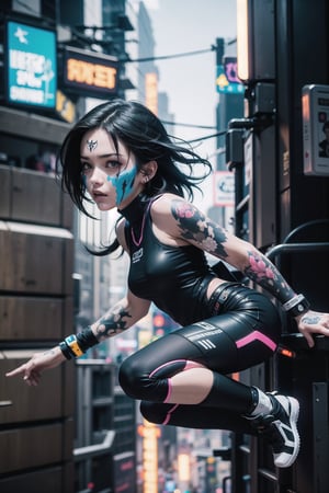 (masterpiece), best quality, high resolution, highly detailed, detailed background, 1girl, cyberpunk, moderate cybernetics, wild colourful hair, intense, defiant, broad chin, tattoos, strong stance, facing_viewer, leaping forward,