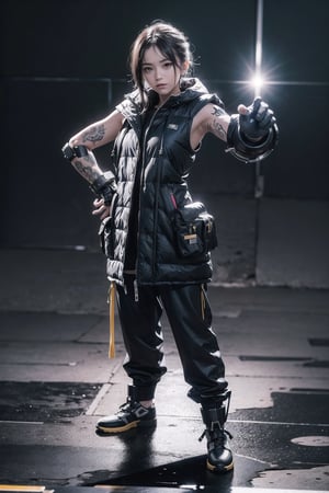 (masterpiece), best quality, high resolution, highly detailed, detailed background, 1girl, moderate cybernetic enhancements, aggressive hair, sleeveless full length plain puffy coat, intense, coy, full chin, tattoos, strong stance, pointing at the viewer