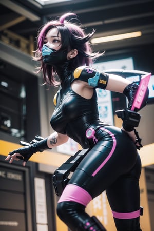 (masterpiece), best quality, high resolution, highly detailed, detailed background, 1girl, cyberpunk, moderate cybernetics, wild colourful hair, intense, defiant, broad chin, tattoos, strong stance, facing_viewer, leaping forward,