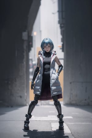 (masterpiece), best quality, high resolution, highly detailed, detailed background, 1girl, moderate cybernetic enhancements, blue hair, sleeveless full length plain coat, intense, coy, full chin, tattoos, strong stance,