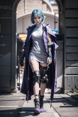 (masterpiece), best quality, high resolution, highly detailed, detailed background, 1girl, moderate cybernetic enhancements, blue hair, sleeveless full length plain coat, intense, defiant, wide chin, tattoos, strong stance, purple highlights, facing_viewer, agressive