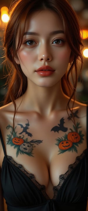 In a hair-raising Halloween celebration, a close-up captures the upper body and radiant face of a stunning woman, her features eclectic yet harmonious. Her piercing emerald eyes sparkle with excitement, framed by cascading waves of deep auburn hair that glimmer with strands of orange, reminiscent of autumn leaves. A playful smile dances on her lips, adorned with a hint of berry-red lipstick that contrasts beautifully against her fair complexion.

At the center of her chest lies a vivid Halloween-themed tattoo, intricately designed with swirling patterns of ghostly figures, pumpkins, and mischievous bats, all inked in vibrant shades of orange and black. The tattoo seems almost alive, suggesting a story waiting to be told. The soft fabric of her fitted black top hugs her figure, accentuating her playful yet confident demeanor.

The background is a swirl of festive ambiance, hinting at a lively Halloween party, where the sounds of laughter and cheerful chatter mingle with the rustle of costumes. Flickering candlelight illuminates the scene, casting shadows that dance around her as colorful decorations of cobwebs and jack-o'-lanterns enhance the overall atmosphere. An intoxicating scent of spiced cider wafts in the air, urging revelers to embrace the spirit of the night.