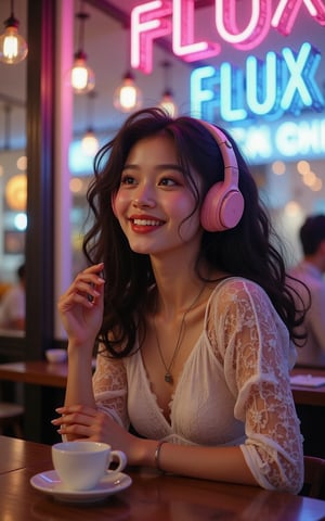 In a bustling urban café, a cute young woman sits at a small, circular table, her curly hair cascading down her shoulders like a cascade of silky chocolate. She wears oversized, vibrant headphones that envelop her ears, immersing her in a world of catchy tunes. The lacy, pastel-colored top she dons complements her cheerful demeanor, adorned with delicate floral patterns that sway gently as she leans forward, tapping her fingers rhythmically to the beat.

A luminous neon sign, glowing with bright pink and blue hues, boldly proclaims the word "FLUX" in stylish, elongated letters, glowing like a beacon in the café’s dim lighting. The air around her is filled with the rich aroma of freshly brewed coffee, mingling with the sweet scent of pastries displayed enticingly nearby. Cheerful chatter resonates softly in the background, punctuated by the occasional clink of ceramic cups.

As she glances out the window, her big, sparkling eyes reflect curiosity and joy, revealing a flicker of daydreaming as she envisions the adventures awaiting her in the vibrant city. The atmosphere is lively yet relaxed, a perfect sanctuary for her creative musings, underscored by the rhythmic beats pulsing through her headphones.