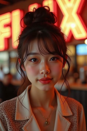 A 27-year-old girl with sparkling eyes and an infectious smile sits in a cozy cafe, updo,illuminated by warm golden light. The vibrant "FLUX" sign glows in the background, creating a lively atmosphere.