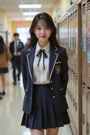 In a bustling school hallway, a cute young woman stands out in her crisp, navy-blue school uniform, the pleated skirt swaying gently as she shifts her weight. Her long, dark hair cascades down her shoulders in soft waves, catching the warm, golden glow of the overhead lights. She has bright, expressive eyes that sparkle with a hint of mischief, and a sweet smile that radiates warmth and approachability. The uniform's white blouse is neatly tucked in, adorned with a school crest on the chest, while a matching tie hangs slightly askew, adding a dash of playful charm. 

Around her, the hallway buzzes with the sounds of laughter and chatter, as students hurry to their classes. The walls are decorated with colorful posters showcasing upcoming events, and the faint aroma of freshly polished floors permeates the air. The atmosphere is lively and vibrant, filled with youthful energy and anticipation for the day ahead. The young woman leans casually against a locker, her posture relaxed yet confident, perfectly embodying the spirit of student life.