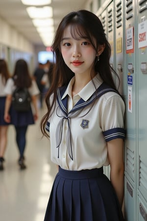 In a bustling school hallway, a cute young woman stands out in her crisp, navy-blue school uniform, the pleated skirt swaying gently as she shifts her weight. Her long, dark hair cascades down her shoulders in soft waves, catching the warm, golden glow of the overhead lights. She has bright, expressive eyes that sparkle with a hint of mischief, and a sweet smile that radiates warmth and approachability. The uniform's white blouse is neatly tucked in, adorned with a school crest on the chest, while a matching tie hangs slightly askew, adding a dash of playful charm. 

Around her, the hallway buzzes with the sounds of laughter and chatter, as students hurry to their classes. The walls are decorated with colorful posters showcasing upcoming events, and the faint aroma of freshly polished floors permeates the air. The atmosphere is lively and vibrant, filled with youthful energy and anticipation for the day ahead. The young woman leans casually against a locker, her posture relaxed yet confident, perfectly embodying the spirit of student life.