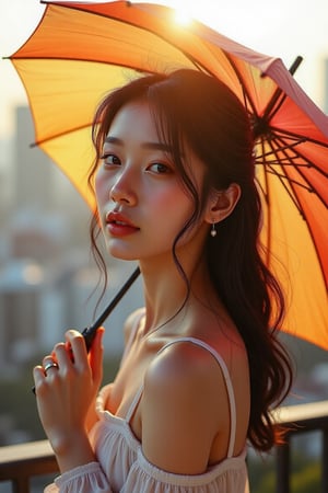 A stunning 27-year-old woman, gracefully holding a vibrant umbrella, her hair softly cascading over her shoulders. The background features a blurred cityscape, draped in warm, golden sunlight, evoking a serene ambiance.