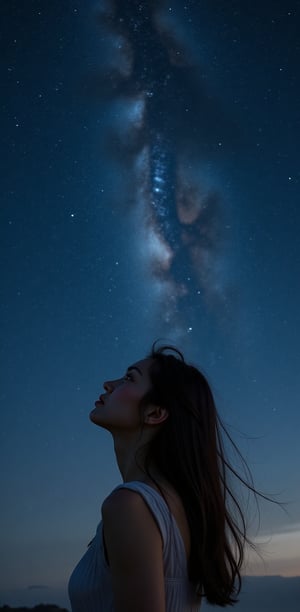 A beautiful woman with long, flowing hair gazes up at a starry night sky, illuminated by twinkling stars. The scene is tranquil, bathed in soft moonlight, evoking a sense of wonder.