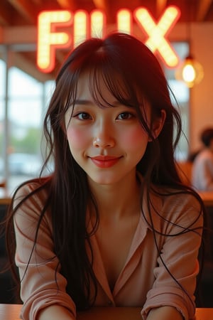 A 27-year-old girl with sparkling eyes and an infectious smile sits in a cozy cafe, illuminated by warm golden light. The vibrant "FLUX" sign glows in the background, creating a lively atmosphere.