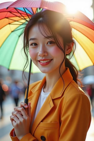 A beautiful 23-year-old woman smiles while holding a colorful umbrella, her vibrant outfit contrasting against a soft, blurred cityscape background. Gentle sunlight filters through the umbrella, casting warm hues.