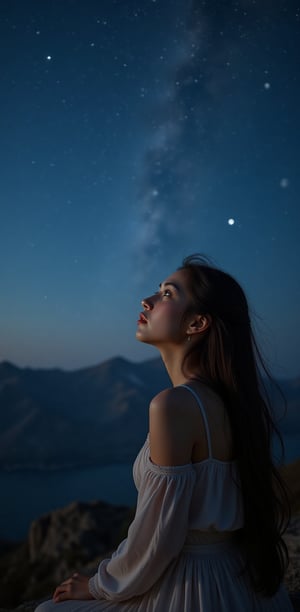 A beautiful woman with long, flowing hair gazes up at a starry night sky, illuminated by twinkling stars. The scene is tranquil, bathed in soft moonlight, evoking a sense of wonder.