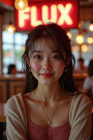 A 27-year-old girl with sparkling eyes and an infectious smile sits in a cozy cafe, illuminated by warm golden light. The vibrant "FLUX" sign glows in the background, creating a lively atmosphere.