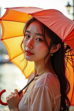 A stunning 27-year-old woman, gracefully holding a vibrant umbrella, her hair softly cascading over her shoulders. The background features a blurred cityscape, draped in warm, golden sunlight, evoking a serene ambiance.