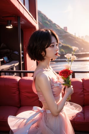 1girl, solo, short hair, black hair, White long skirt,whole body, flower, redscale, profile,sunset,movie mood,Beautiful