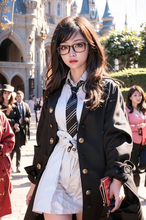 One girl  ,,(tiny breasts:1.1),glasses, slightly smile ,(wearing judge coat and necktie:1.5), drawn action: (the girl must be catwalking around the Disney castle:1.4),(The wind blows her long hair:1.4), cowboy shot,cinema light ,HDR,white skin,1 girl ,solo,beauty,girl,shirt_lift