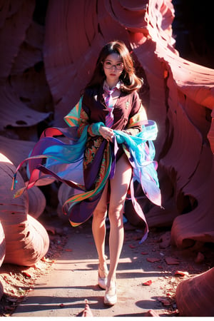 One girl at night , (glasses:1.3) ,  slightly smile ,(wearing colorful traditional indian's shawl and necktie:1.5), over sized eyes, drawn action: (the girl must be catwalking around the Antelope Canyon:1.4),(The wind blows her long hair:1.4), full body shot,cinema light ,HDR,white skin,1 girl ,solo,beauty,girl,shirt_lift