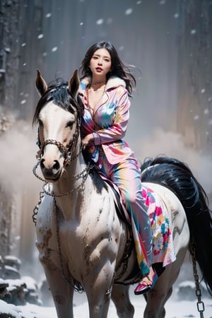 (beautiful-eyed),(((bound with chains collar:1.5))), (the girl must be riding a horse:1.4) ,(RAW photo, best quality), (realistic, photo-Realistic:1.3), best quality, masterpiece, beautiful and aesthetic, 16K, (HDR:1.4), low contrast, (vibrant color:0), (muted colors, dim colors, soothing tones:1.4), cinematic lighting, Exquisite details and textures, cinematic shot, Cold tone, (Bright and intense:1.1), cinematic lighting, kat sweets poses, full body on display,head to toe portrait,1girl, solo , smile, ((pajamas)), glasses, large-detailed-eyed, lips, realistic, downblouse,((in the snowy and foggy beach))