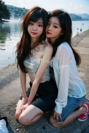  (((2 girls kissing))), (((long hair with blunt bangs))) ,(Beautiful and detailed eyes), (sheer white shirts:1.1),
(masterpiece:1.4), (best quality:1.4), super fine illustration,an extremely cute and beautiful girl,highly detailed beautiful face and eyes, cute little girl, sad, (full_body), perfect hands, hide hand, absurdres, highres, ultra detailed, BREAK
((foggy lake background)), ((two high school girls kneeling)), school, most beautiful korean girls, Korean beauty models, idol face, gorgeous girls, 13yo, over sized eyes, big eyes, smiling, looking at viewer,