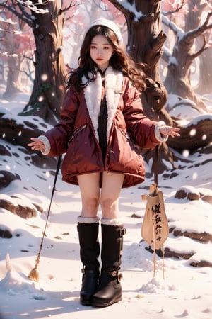 
主：(foggy woods on fire),((Full body image)),(((standing and legs apart))),
人：1litte 12yo gril (Child:1.2),
體：Beautiful girly body proportions,smaller body frame,
髮：(wind blow her very long hair),
服：Low-cut nun' habit,(((snow boots))),