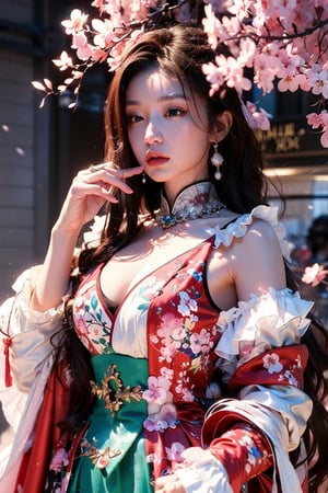 (masterpiece, top quality, best quality, official art, beautiful and aesthetic:1.2), (1girl), extreme detailed,(abstract, fractal art:1.3),highest detailed, detailed_eyes, light_particles, hanfu,jewelry, sexy, ,red,cherry blossom,The left hand's orchid fingers pinch a branch blooming with cherry blossoms,The right hand's orchid fingers lightly pinch the left sleeve