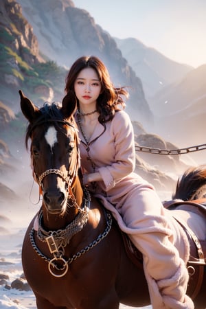 (beautiful-eyed),(((bound with chains collar:1.5))), (the girl must be riding a horse:1.4) ,(RAW photo, best quality), (realistic, photo-Realistic:1.3), best quality, masterpiece, beautiful and aesthetic, 16K, (HDR:1.4), low contrast, (vibrant color:0), (muted colors, dim colors, soothing tones:1.4), cinematic lighting, Exquisite details and textures, cinematic shot, Cold tone, (Bright and intense:1.1), cinematic lighting, kat sweets poses, full body on display,head to toe portrait,1girl, solo , smile, ((pajamas)), glasses, large-detailed-eyed, lips, realistic, downblouse,((in the snowy and foggy beach))