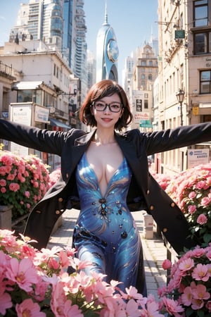 A curious topless girl with perfect tiny breasts and over-sized eyes, wearing glasses, stands amidst a whimsical Wonderland-inspired landscape. She holds a bouquet of vibrant flowers and beams with a bright smile, outstretched arms welcoming the glowing alien cityscape in the background, bathed in an ethereal blue light, its futuristic skyscrapers stretching towards the sky.