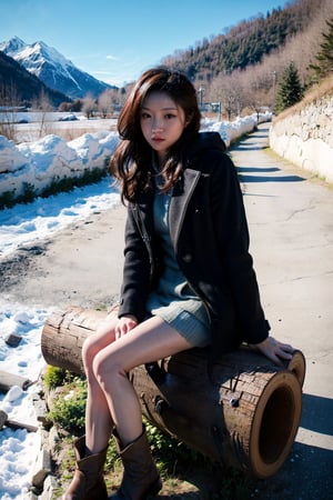 cute girl, long hair, grey winter coat fashion, black short skirt, boots, Sitting cross-legged on wood log, switzerland, snowy mountains background, blue sky, 4K, ultra HD, RAW photo, realistic, masterpiece, best quality, beautiful skin, white skin, 50mm, medium full shot, outdoor, full body, photography, Portrait, ,chinatsumura, high fashion