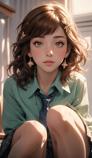 score_9, score_8_up, score_8, (((solo))),(((1 girl))), beautiful, realistic, extremely detailed skin, masterpiece, best quality, extremely detailed face, vibrant colors, depth of field, cinematic lighting,, 1girl, solo, brown eyes, brown hair, hair ornament,short hair,green plaid skirt,blush, white unbuttoned shirt, long school tie,Masterpiece Top Quality High Resolution、Sititting、beauty legs 、in a school、As if looking up from below、Ashamed,nsfw,white panty,midjourney,1 girl