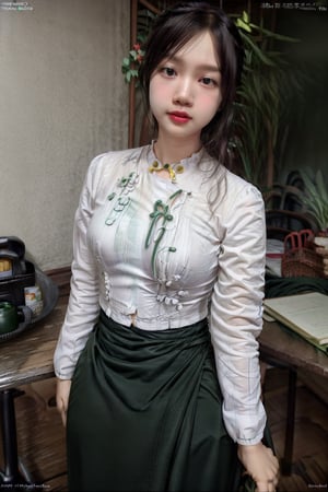 mm_student, a woman in a white shirt and green skirt