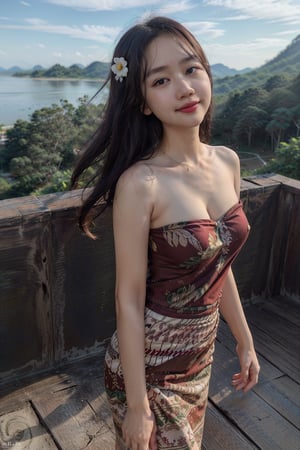 (Best quality, 8k, 32k, Masterpiece, UHD:1.2), Photo of Pretty Japanese woman, 1girl, (medium-short dark brown hair), double eyelid, medium-large breasts, slender busty body, sexy casual red long dress, ocean view, walking on seaside hill, sunset, sexy face, smile, white teeth, look at camera, from behind, windy, detailed eyes, detailed facial, detailed hair, detailed fabric rendering, ,PrettyLadyxmcc