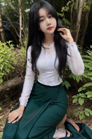 1girl, solo, long hair, skirt, shirt, black hair, long sleeves, sitting, white shirt, outdoors, lips, bug, green skirt, butterfly, long skirt, watch, realistic, wristwatch