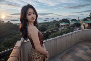 (Best quality, 8k, 32k, Masterpiece, UHD:1.2), 4girl, (medium-short dark brown hair), double eyelid, medium-large breasts, slender busty body, sexy casual red long dress, ocean view, walking on seaside hill, sunset, sexy face, smile, white teeth, look at camera, from behind, windy, detailed eyes, detailed facial, detailed hair, detailed fabric rendering, ,PrettyLadyxmcc