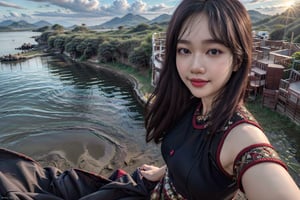 (Best quality, 8k, 32k, Masterpiece, UHD:1.2), 4girl, (medium-short dark brown hair), double eyelid, medium-large breasts, slender busty body, sexy casual red long dress, ocean view, walking on seaside hill, sunset, sexy face, smile, white teeth, look at camera, from behind, windy, detailed eyes, detailed facial, detailed hair, detailed fabric rendering, ,PrettyLadyxmcc