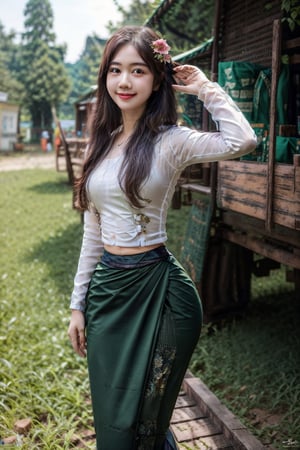 wearing acmmsayarma outfit, acmmsayarma ,Myanmar model ,longhair,outdoor,((green long skirt)),realistic,4k,detailed,((Poses:random)),((upper )),road,flowering,smile