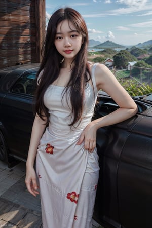 (Best quality, 8k, 32k, Masterpiece, UHD:1.2), Photo of Pretty Japanese woman, 1girl, (medium-short dark brown hair), double eyelid, medium-large breasts, slender busty body, sexy casual red long dress, ocean view, walking on seaside hill, sunset, sexy face, smile, white teeth, look at camera, from behind, windy, detailed eyes, detailed facial, detailed hair, detailed fabric rendering, ,PrettyLadyxmcc