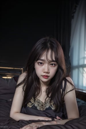 (Best quality, 8k, 32k, raw photo, photorealistic, UHD:1.2),lifelike rendering, Photo of Beautiful Korean woman, 1girl, 24yo, stunning, (medium brown wavy hair), double eyelids, detailed facial, perfect round medium breasts, wide hips, plump figure, (pale skin:1.2), (ornate embroidery white cotton sleep dress), (dark bedroom:1.3), (lying on bed:1.2), (lying touching close side:1.4), just wake up, sharp focus, sexy face, charming, from side, eyes to camera, messy hair, detailed fabric rendering, (low key, dark theme, in the dark:1.3),PrettyLadyxmcc