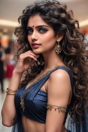 (4k,realistic, RAW photo, best quality: 1.4), (1girl), beautiful face, (realistic face), short side cascading hairstyle, hair strand, realistic blue eyes, detailed eyes, (realistic skin), beautiful skin, fair skin, glistening skin, slender chest, wearing transparent black saree, at the mall, shot the girl whole body lenght, cleavege shot