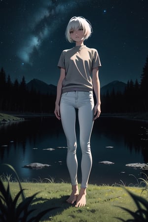 1girl, white hair, short hair, sweater, short sleeve, skinny pants, gray pants, bare feet, standing, outdoor, nature, grass, nighttime, night, night sky