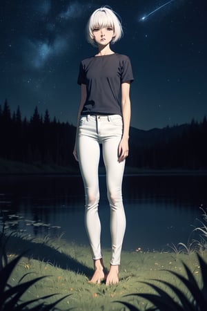 1girl, white hair, short hair, shirt, short sleeve, skinny pants, gray pants, bare feet, standing, outdoor, nature, grass, nighttime, night, night sky