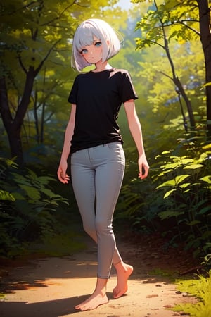 masterpiece, best quality, highres, 1girl, white hair, bob cut, beautiful detailed eyes, grey eyes, shirt, black shirt, short sleeve, skinny pants, gray pants, bare feet, standing, outdoor, nature, soil