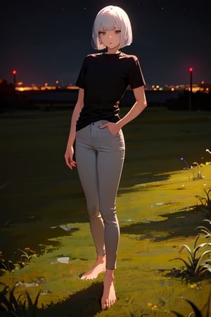 masterpiece, best quality, highres, 1girl, white hair, bob cut, beautiful detailed eyes, grey eyes, shirt, black shirt, short sleeve, skinny pants, gray pants, bare feet, standing, outdoor, grassland, nighttime, night