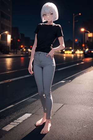 masterpiece, best quality, highres, 1girl, white hair, bob cut, beautiful detailed eyes, grey eyes, shirt, black shirt, short sleeve, skinny pants, gray pants, bare feet, standing, outdoor, natural_bg, nighttime, night