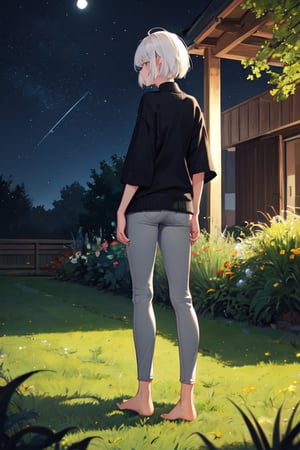 1girl, white hair, short hair, sweater, black sweater, short sleeve, skinny pants, gray pants, bare feet, standing, outdoor, nature, grass, nighttime, night, night sky