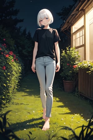 masterpiece, best quality, highres, 1girl, white hair, bob cut, beautiful detailed eyes, grey eyes, shirt, black shirt, short sleeve, skinny pants, gray pants, bare feet, standing, outdoor, nature, grass, nighttime, night